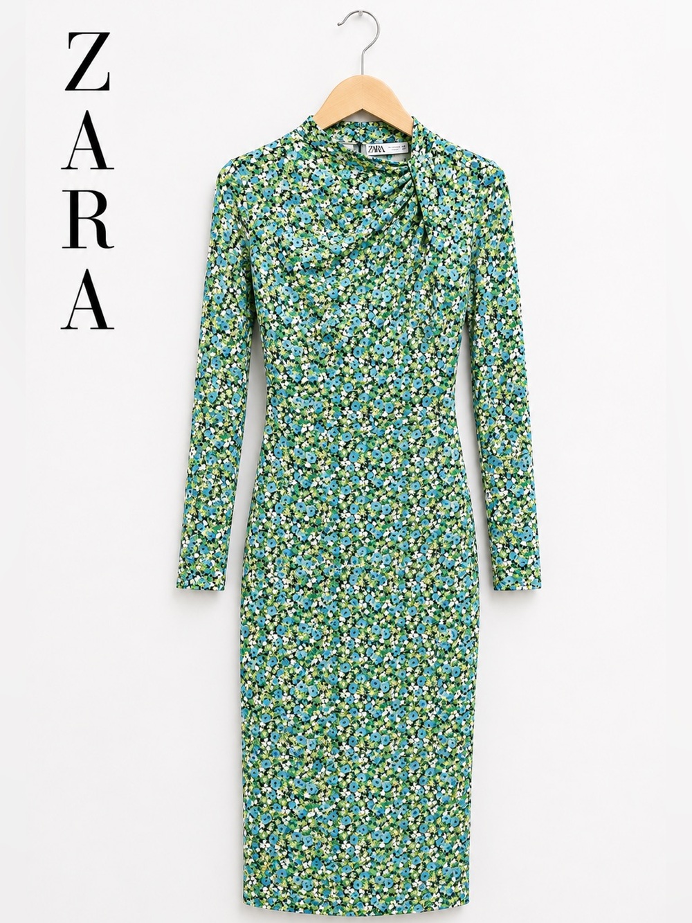 ZARA Floral Open Back Midi Dress NWT Size L | Blue Green Long Sleeve Bodycon